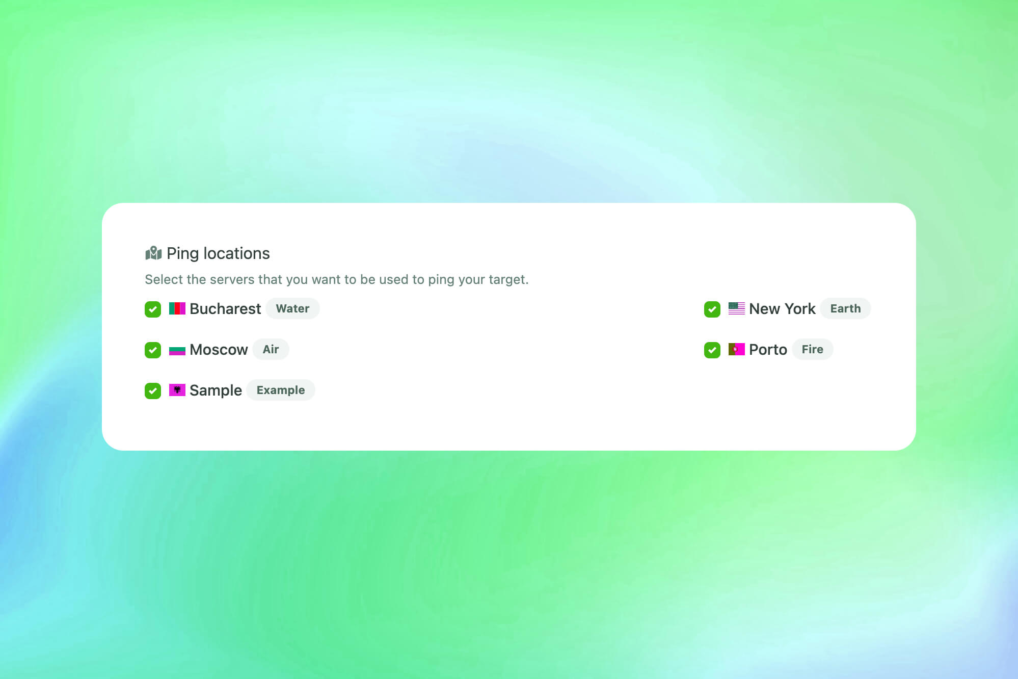 Captura de tela do recurso de ping para servidores ao redor do mundo